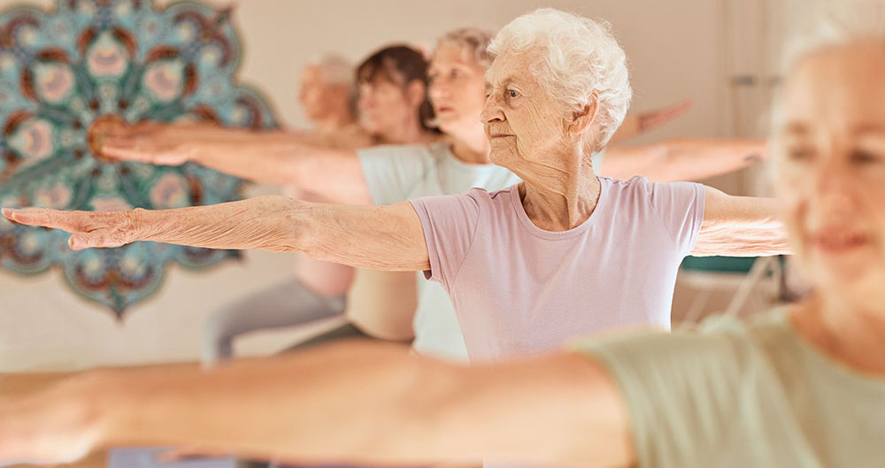 Yoga fitness, class and senior women training for elderly wellness, health and retirement self care in pilates studio. Healthcare, body workout and calm group of people exercise for healthy lifestyle